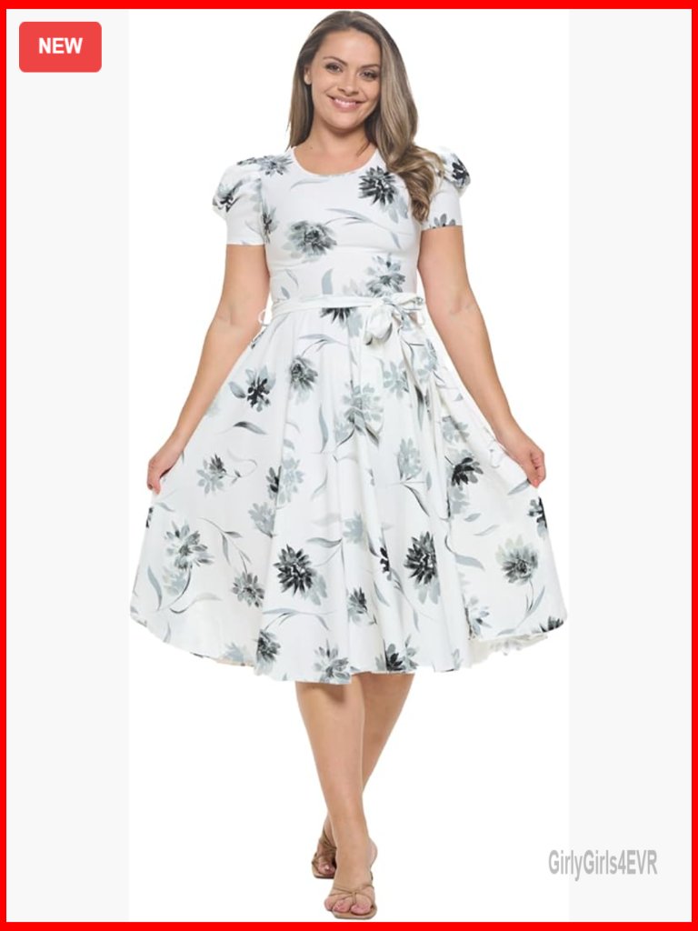 Puff Sleeve Midi Cocktail Dress With Pockets And Tie Waist